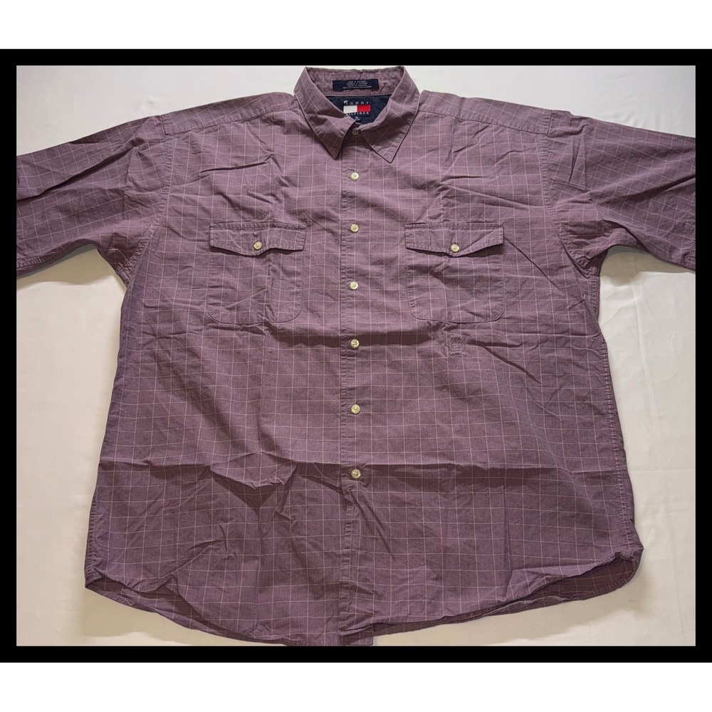 Tommy Hilfiger Button Up Shirt Mens XL Purple Plaid Short Sleeve Casual
